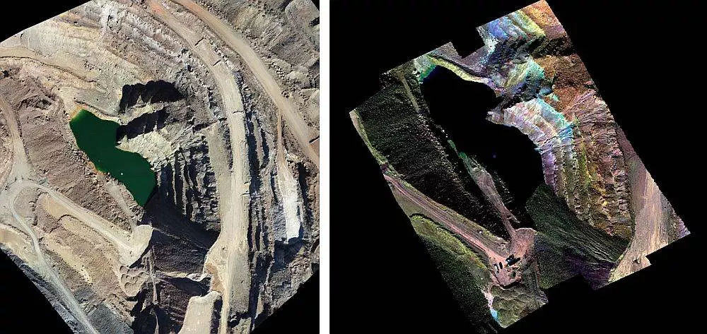 Aerial photo of mine (left) and reflectance data of the same mine (right) for mineral classification produced just hours after the flight.