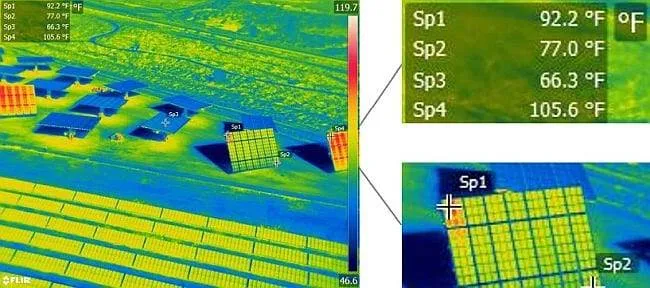 aerial thermography of solar panel Aerial radiometric imagery provides georeferenced data on every pixel of the thermal image